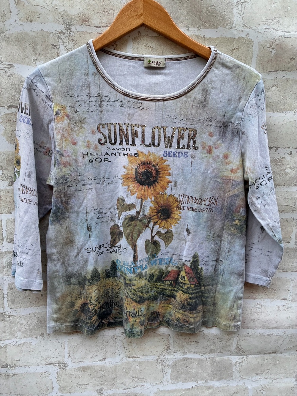 Vintage Cactus size XL Sunflower Graphic Long Sleeve ribbed floral Top